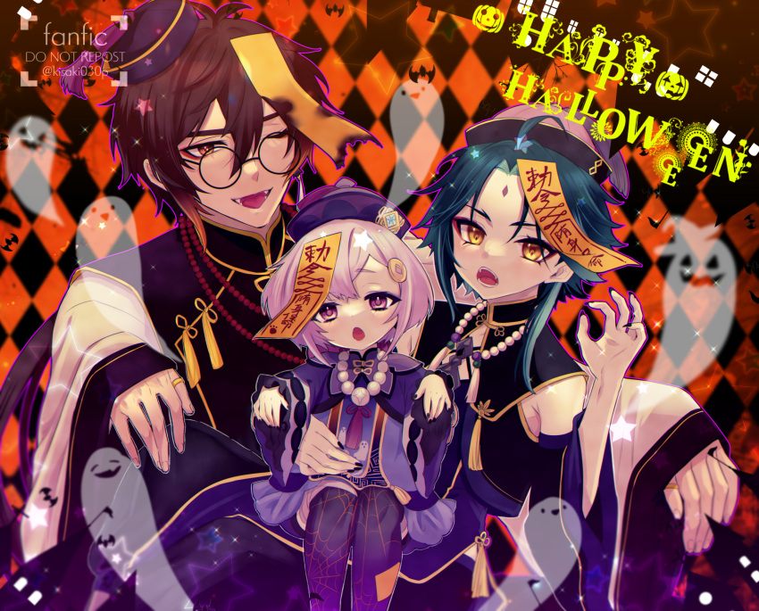 1girl 2boys bangs bead_necklace beads black_hair brown_hair earrings eyebrows_visible_through_hair facial_mark genshin_impact glasses gradient_hair green_hair hair_between_eyes halloween halloween_costume hat highres jewelry jiangshi kisekisaki long_hair long_sleeves looking_at_viewer male_focus multicolored_hair multiple_boys necklace open_mouth purple_hair qing_guanmao qiqi_(genshin_impact) simple_background single_earring violet_eyes xiao_(genshin_impact) yellow_eyes zhongli_(genshin_impact)