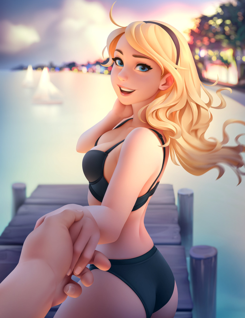 1boy 1girl absurdres black_swimsuit blonde_hair blue_eyes blurry blurry_background blush commentary english_commentary hairband highres holding_hands league_of_legends long_hair looking_at_viewer lux_(league_of_legends) open_mouth pier smile summer swimsuit tsuaii
