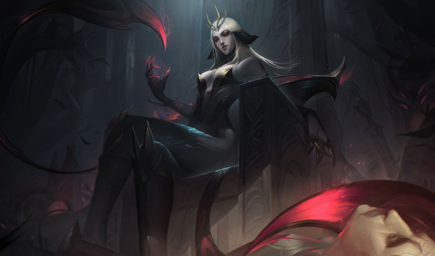 1girl 1other absurdres alternate_costume bangs bare_shoulders black_skin blonde_hair boots breasts colored_skin corpse evelynn_(league_of_legends) feet_out_of_frame from_below grey_skin hair_ornament hand_up highres knee_boots league_of_legends long_hair looking_at_viewer medium_breasts shiny shiny_hair sitting smile solo throne vincent_t_(oriaarts)