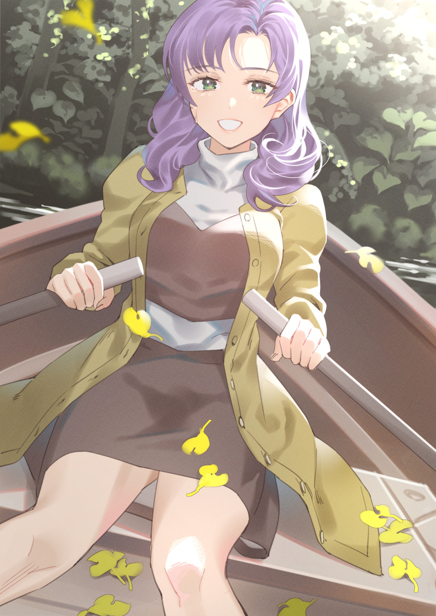 1girl absurdres boat breasts brown_dress coat commentary_request day dress green_eyes gundam hair_over_one_eye highres kitazawa_(embers) large_breasts leaf long_hair long_sleeves looking_at_viewer oar open_clothes open_coat outdoors purple_hair rosamia_badam rowboat rowing sitting smile solo turtleneck_dress two-tone_dress unbuttoned watercraft white_dress yellow_coat zeta_gundam