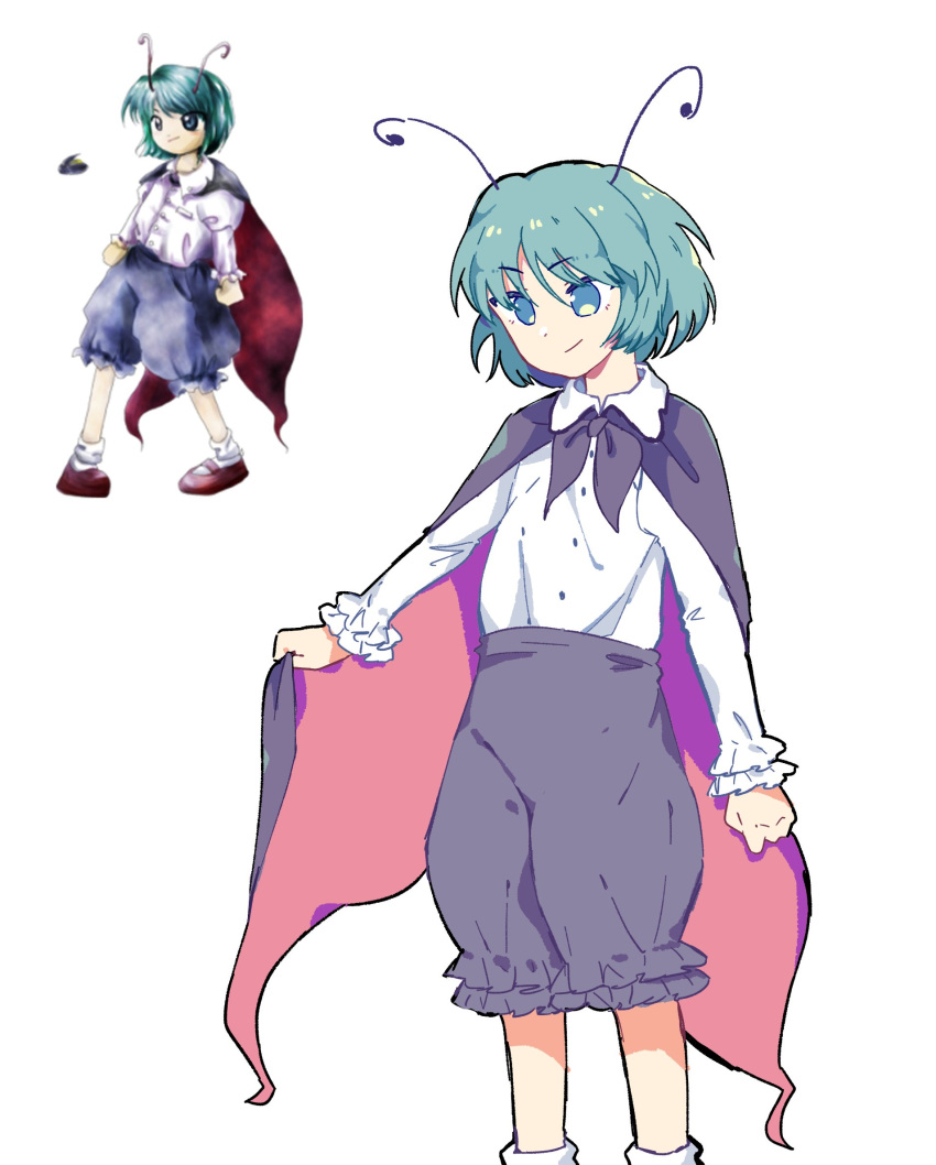 1girl bangs black_bow black_bowtie blue_eyes blue_pants bow bowtie bug buttons cloak closed_mouth collared_shirt commeowdore english_text eyebrows_visible_through_hair flying green_eyes green_hair grey_cloak hair_between_eyes highres juliet_sleeves long_sleeves looking_to_the_side pants puffy_sleeves purple_pants red_cloak red_footwear shirt shoes short_hair simple_background smile socks solo standing touhou white_background white_legwear white_shirt wriggle_nightbug zun_(artist)