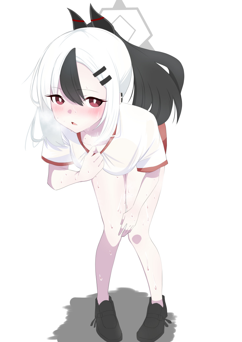 1girl black_footwear black_hair blue_archive blush buruma dripping gym_uniform halo hand_on_hip horns kayoko_(blue_archive) legs looking_at_viewer ponytail red_eyes shadow short_hair simple_background solo sportswear steam sweat sweating_profusely tired wet wet_shirt white_background white_hair wiping_sweat
