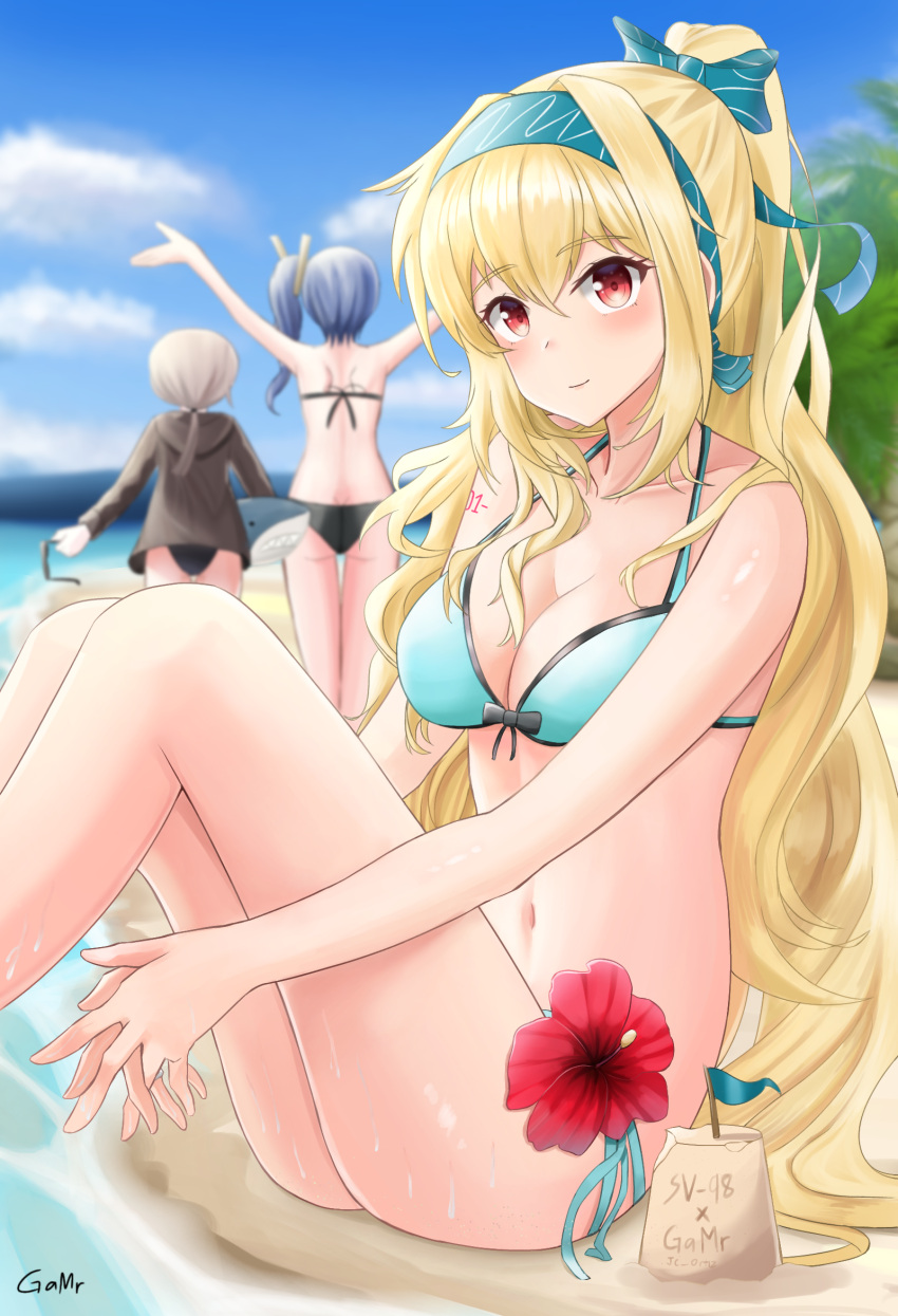 3girls beach bikini black_bikini blonde_hair blue_hair breasts day eyewear_removed flower gamryous girls_frontline green_bikini hair_ribbon hibiscus high_ponytail highres hood hoodie k11_(girls'_frontline) long_hair m200_(girls'_frontline) multiple_girls navel red_eyes ribbon sand_castle sand_sculpture side_ponytail silver_hair sky sv-98_(girls'_frontline) swimsuit