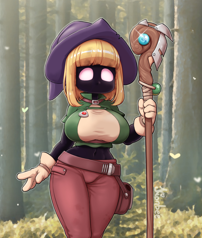 1girl belt black_skin blank_eyes blonde_hair bob_cut breasts brown_belt colored_skin fewer_digits forest glint gloves green_shirt hat highres holding holding_staff kionant large_breasts medium_hair midriff nature navel no_mouth original outdoors pants purple_headwear red_pants shirt signature solo staff standing yellow_gloves