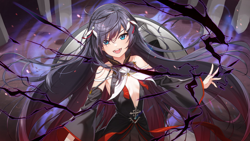 1girl 2qba absurdres aura bare_shoulders black_hair blue_eyes cleavage_cutout clothing_cutout collarbone counter:side dark_aura detached_sleeves flat_chest hair_ornament highres long_hair looking_at_viewer open_mouth rosaria_(counter:side) solo