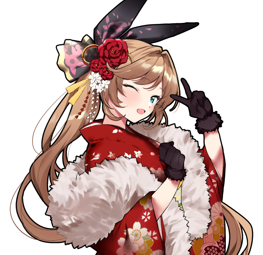 1girl aqua_eyes bangs black_gloves blonde_hair clarisse_(granblue_fantasy) eyebrows_visible_through_hair flower fur-trimmed_kimono fur_trim gloves granblue_fantasy hair_flower hair_ornament hair_ribbon happy_new_year highres japanese_clothes kimono long_hair looking_at_viewer new_year one_eye_closed open_mouth ponytail remora180 ribbon simple_background smile solo upper_body v white_background