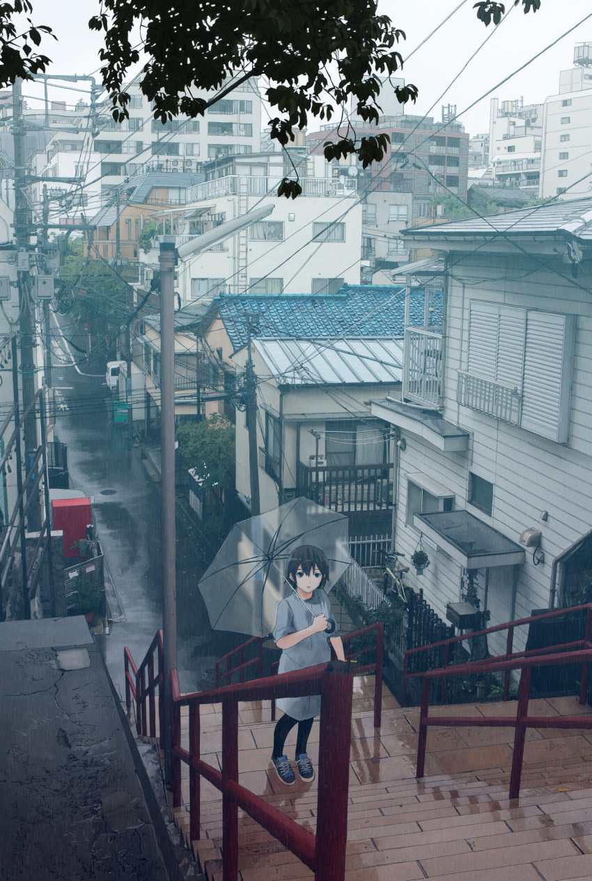 1girl city cityscape dress highres looking_at_viewer original photo-referenced power_lines rain road solo stairs standing street transparent transparent_umbrella umbrella unagi189 utility_pole wide_shot