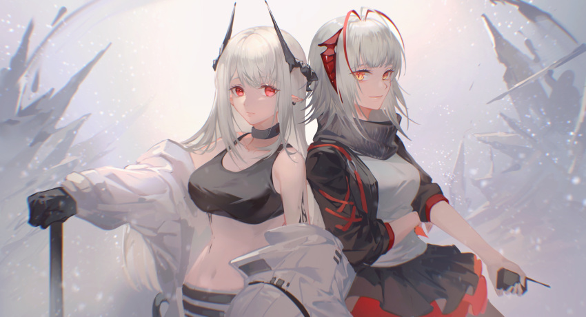 2girls absurdres antennae arknights bangs bare_shoulders black_choker black_gloves black_jacket black_scarf black_skirt breasts choker commentary_request crop_top eyebrows_visible_through_hair gloves grey_shirt highres horns jacket laomizhou large_breasts long_hair long_sleeves looking_at_viewer midriff mudrock_(arknights) multiple_girls navel off_shoulder open_clothes open_jacket planted pointy_ears red_eyes scarf shirt short_sleeves silver_hair skirt sports_bra stomach w_(arknights) yellow_eyes