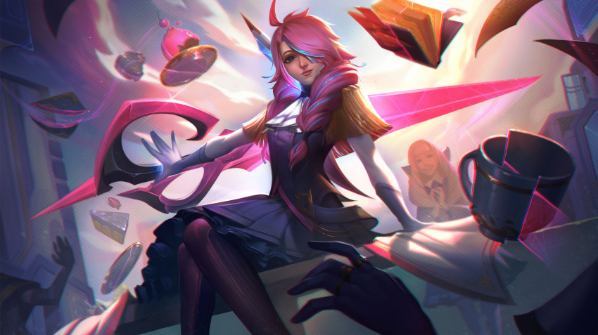 2girls absurdres ahoge arm_support ascot battle_academia_(league_of_legends) black_legwear blonde_hair braid dress drill_hair floating gloves grey_dress gwen_(league_of_legends) hair_ornament hair_over_one_eye hair_over_shoulder highres holding holding_scissors league_of_legends long_hair multiple_girls oversized_object pantyhose pink_hair scissors sitting smile solo_focus twin_braids twin_drills vincent_t_(oriaarts) white_ascot white_gloves