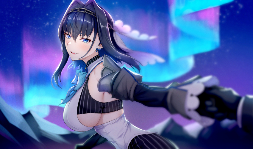 1girl absurdres aurora bangs blue_bow blue_bowtie blue_eyes blue_hair blurry bow bow_earrings bowtie breasts crop_top depth_of_field detached_sleeves earrings english_commentary floating_hair from_side hair_intakes hand_grab head_chain highres holding_hands hololive hololive_english jewelry large_breasts looking_at_viewer nature night night_sky ouro_kronii outdoors outstretched_arm parted_lips pov short_hair sideboob sky solo_focus upper_body veil vest virtual_youtuber white_vest zenya