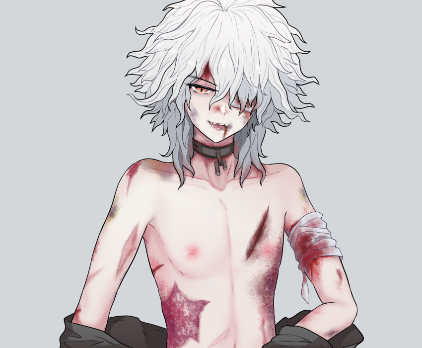 1boy bandage_over_one_eye bandaged_arm bandages bangs bare_shoulders blood blood_from_mouth broken broken_chain chain collar collarbone commentary_request danganronpa_(series) danganronpa_2:_goodbye_despair fangs gon_(congchuabuoito) green_jacket grey_background highres injury jacket komaeda_nagito male_focus medium_hair messy_hair metal_collar open_mouth revision simple_background solo undressing white_hair