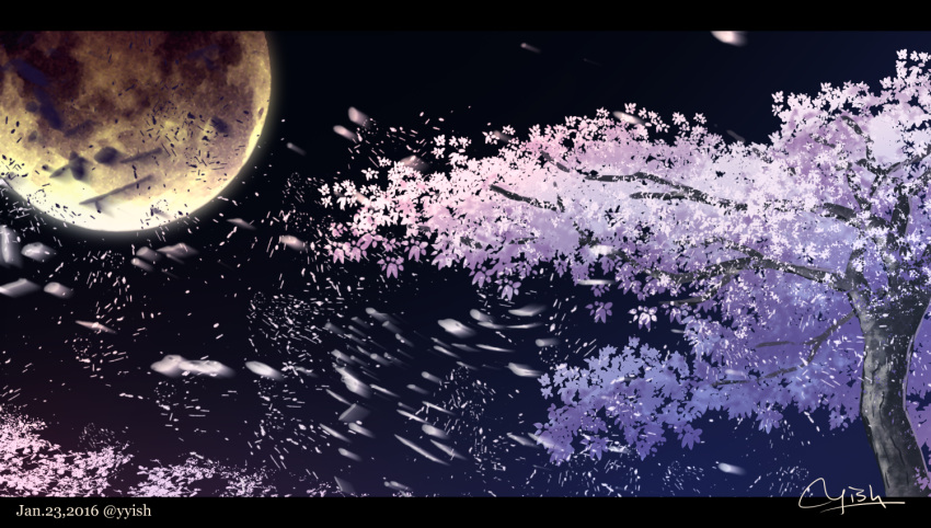 artist_name blue_sky cherry_blossoms commentary_request dated english_text flower full_moon gradient_sky letterboxed moon night no_humans original outdoors petals pink_flower scenery signature sky tree twitter_username waisshu_(sougyokyuu) watermark