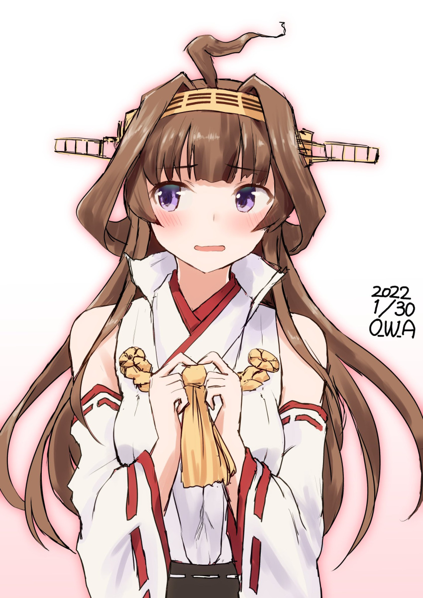 1girl ahoge artist_name brown_hair commentary_request dated detached_sleeves double_bun hairband headgear highres kantai_collection kongou_(kancolle) kongou_kai_ni_(kancolle) long_hair looking_to_the_side one-hour_drawing_challenge owa_(ishtail) popped_collar ribbon-trimmed_sleeves ribbon_trim sideways_glance simple_background solo upper_body violet_eyes white_background