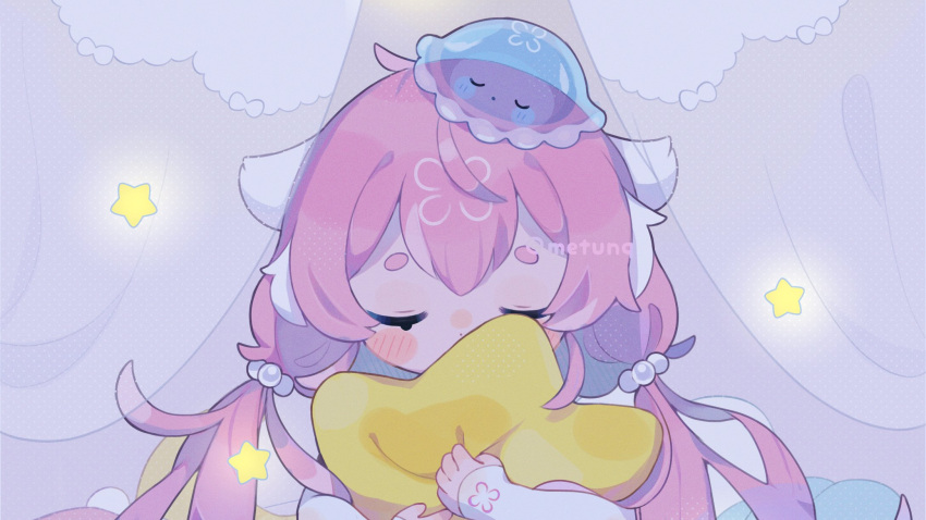 1girl blue_hair closed_eyes commission hanachu highres indie_virtual_youtuber jellyfish metunq multicolored_hair object_hug pale_skin pillow pillow_hug pink_hair purple_hair skeb_commission sleeping solo star_(symbol) twintails virtual_youtuber