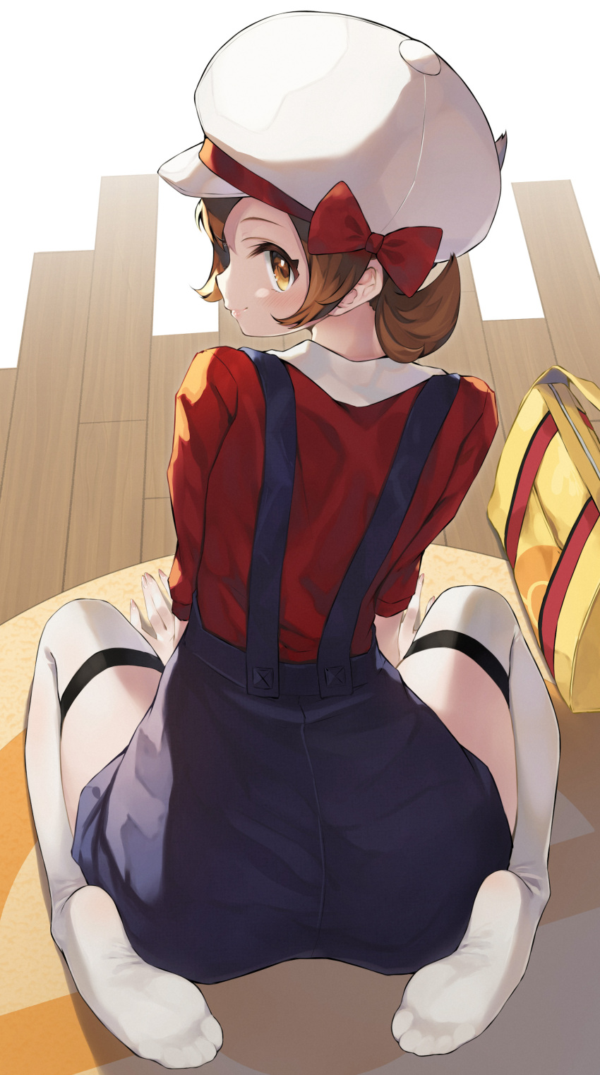 1girl absurdres ass back bright_pupils brown_eyes brown_hair from_above from_behind full_body hat highres hyouta_(yoneya) indoors looking_at_viewer looking_back lyra_(pokemon) narrow_waist over-kneehighs overall_shorts overalls pokemon pokemon_(game) pokemon_hgss red_shirt shirt sitting soles solo thigh-highs upturned_eyes wariza white_legwear wide_hips wooden_floor