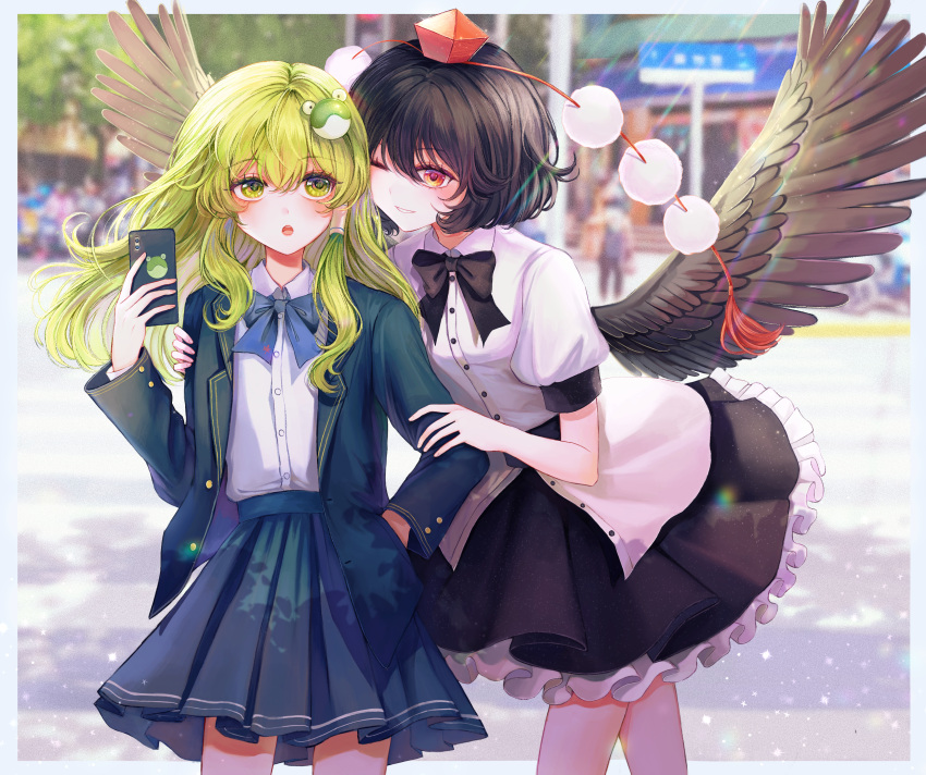 2girls :o absurdres alternate_costume animal_print bangs bird_wings black_bow black_bowtie black_hair black_skirt blue_bow blue_bowtie blue_jacket blue_skirt blush bow bowtie cellphone chromatic_aberration day eyebrows_visible_through_hair feathered_wings feet_out_of_frame floating_hair frog_hair_ornament frog_print green_eyes green_hair grin hair_between_eyes hair_ornament hair_tubes hand_in_pocket hat highres holding holding_phone hourai_kiriri jacket kochiya_sanae lens_flare light_particles light_rays long_hair long_sleeves looking_at_another looking_at_viewer multiple_girls one_eye_closed open_mouth outdoors people petticoat phone pom_pom_(clothes) puffy_short_sleeves puffy_sleeves red_eyes red_headwear shameimaru_aya shirt short_hair short_sleeves sidelocks skirt smartphone smile standing tokin_hat touhou white_shirt wing_collar wings yuri