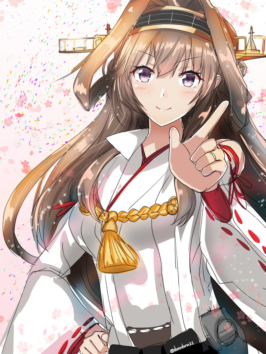 1girl ahoge black_skirt brown_hair commentary_request detached_sleeves doradorazz double_bun frilled_skirt frills hairband headgear highres index_finger_raised japanese_clothes kantai_collection kongou_(kancolle) kongou_kai_ni_(kancolle) long_hair looking_at_viewer one-hour_drawing_challenge popped_collar ribbon-trimmed_sleeves ribbon_trim skirt solo violet_eyes
