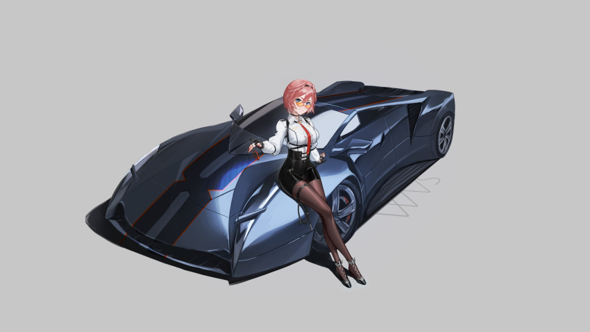 1girl absurdres black_legwear black_shorts blue_eyes breasts car collared_shirt crossed_legs english_commentary grey_background ground_vehicle head_tilt high-waist_shorts highres hololive large_breasts motor_vehicle pantyhose pink_hair shirt short_hair shorts sitting smile solo sunglasses supercar takane_lui vehicle_focus virtual_youtuber white_shirt wvs
