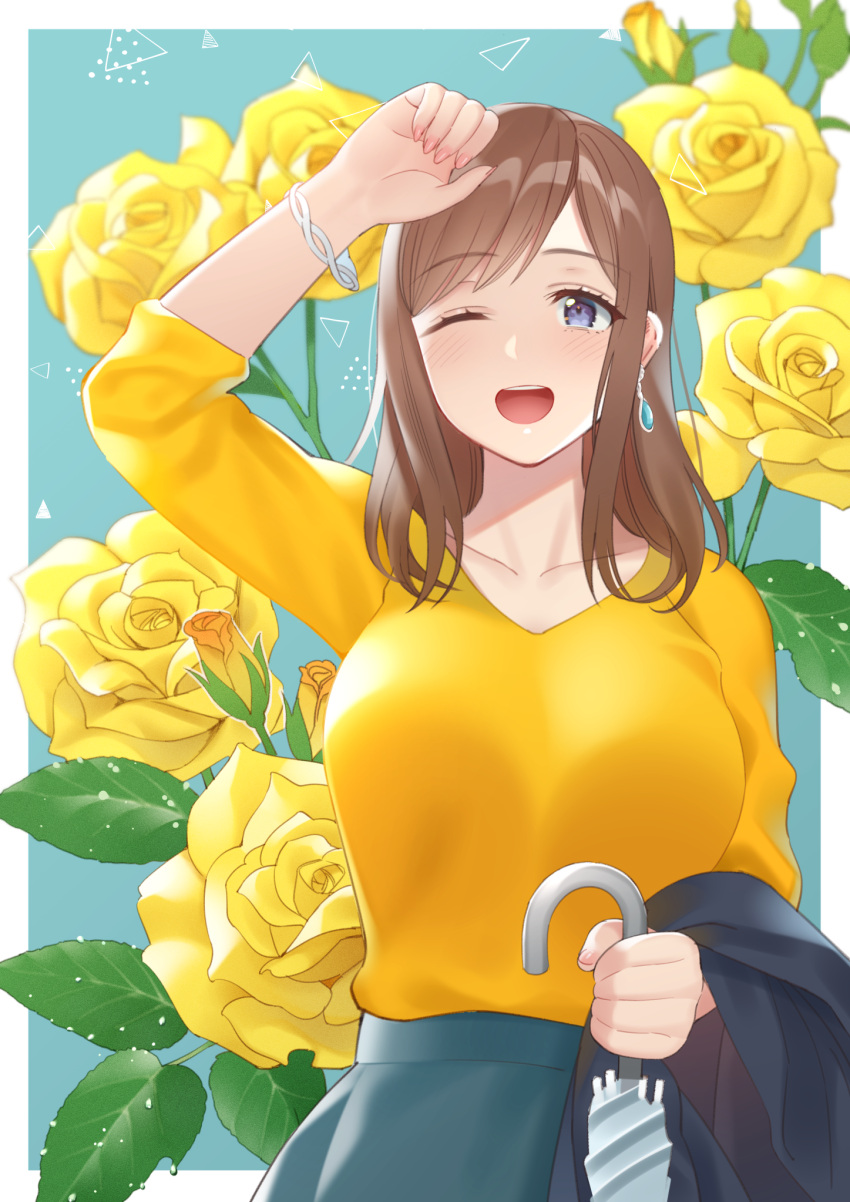 1girl arm_up blue_eyes blue_skirt border bracelet breasts brown_hair collarbone commentary_request earrings fingernails floral_background flower highres holding holding_umbrella jacket jacket_removed jewelry kitazawa_(embers) large_breasts long_hair looking_at_viewer one_eye_closed open_mouth original skirt solo sweater sweater_tucked_in tareme teeth umbrella upper_teeth white_border yellow_flower yellow_sweater
