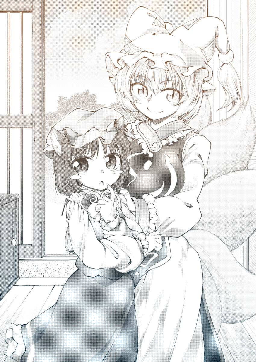 0-den 2girls :o absurdres animal_ears arm_around_shoulder arm_under_breasts bangs blush_stickers bow bowtie breasts cabinet cat_ears chen closed_mouth clouds cumulonimbus_cloud day eyebrows_visible_through_hair feet_out_of_frame flat_chest fox_ears fox_tail frills greyscale hair_between_eyes hand_on_another's_shoulder hand_up hat highres indoors large_breasts long_sleeves looking_at_viewer looking_to_the_side mob_cap monochrome multiple_girls multiple_tails no_tail open_mouth petticoat puffy_long_sleeves puffy_sleeves skirt slit_pupils smile tabard tail tassel thinking touhou tress vest wooden_floor yakumo_ran