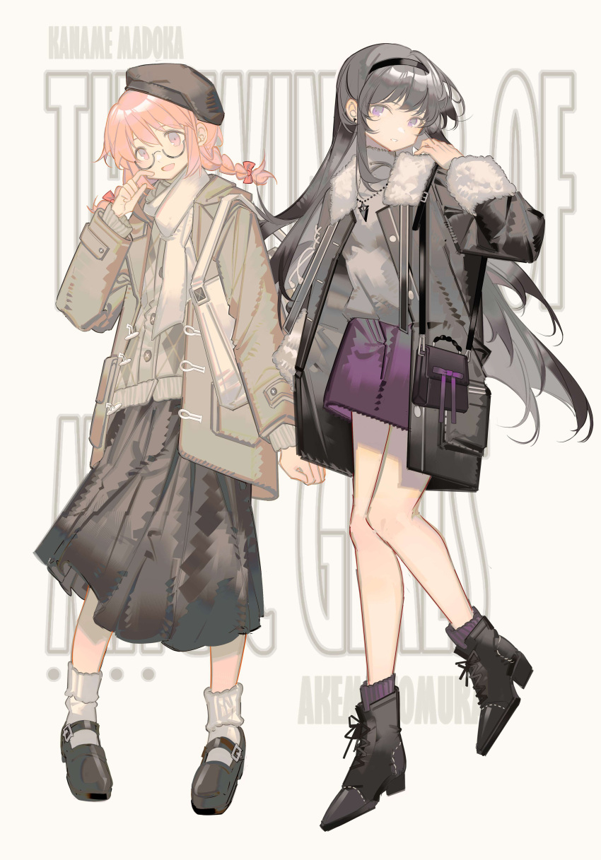 2girls absurdres akemi_homura bag black_coat black_footwear black_hair black_hairband black_headwear black_skirt boots bow braid brown_jacket character_name chinese_commentary coat commentary_request full_body fur-trimmed_jacket fur_trim glasses grey_legwear grey_shirt grey_sweater hair_bow hairband hand_up highres jacket jewelry kaname_madoka long_hair long_sleeves looking_at_viewer mahou_shoujo_madoka_magica multiple_girls necklace open_mouth parted_lips pink_bow pink_eyes pink_hair purple_skirt rin_lingsong scarf semi-rimless_eyewear shirt shoulder_bag simple_background skirt smile socks sweater twin_braids under-rim_eyewear violet_eyes white_background white_scarf