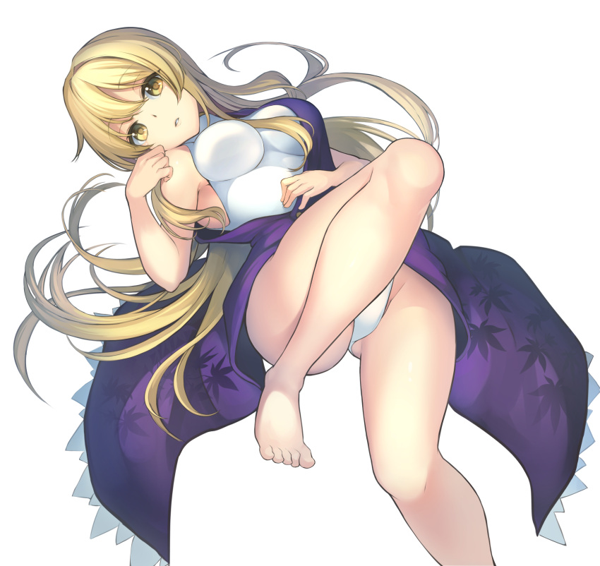 1girl armpit_crease bangs bare_shoulders barefoot blonde_hair blush bow breasts buttons closed_mouth coat commentary_request covered_navel eyelashes hair_bow hand_on_own_stomach head_tilt highleg highleg_leotard highres janne_cherry knees large_breasts leaf_print legs leotard long_hair looking_at_viewer lying on_back parted_bangs purple_coat shiny shiny_hair shiny_skin sidelocks simple_background single_strap sleeveless_coat smile solo thighs touhou watatsuki_no_toyohime white_background white_leotard yellow_eyes