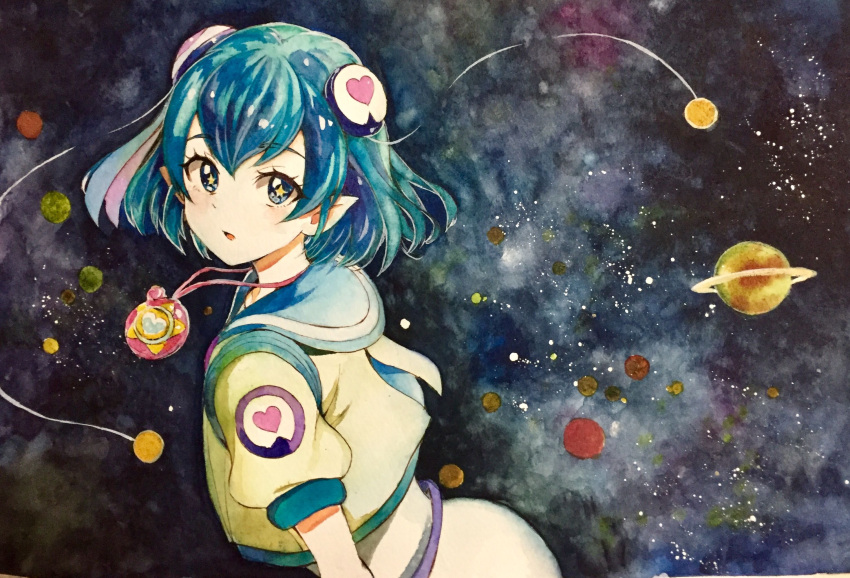 1girl antennae blue_eyes blue_hair eyebrows_visible_through_hair hagoromo_lala hair_ornament heart highres jacket jewelry looking_at_viewer looking_back open_mouth painting_(medium) pendant planet pointy_ears precure pukara saturn_(planet) short_sleeves solo space star-shaped_pupils star_(sky) star_(symbol) star_twinkle_precure symbol-shaped_pupils traditional_media upper_body watercolor_(medium)