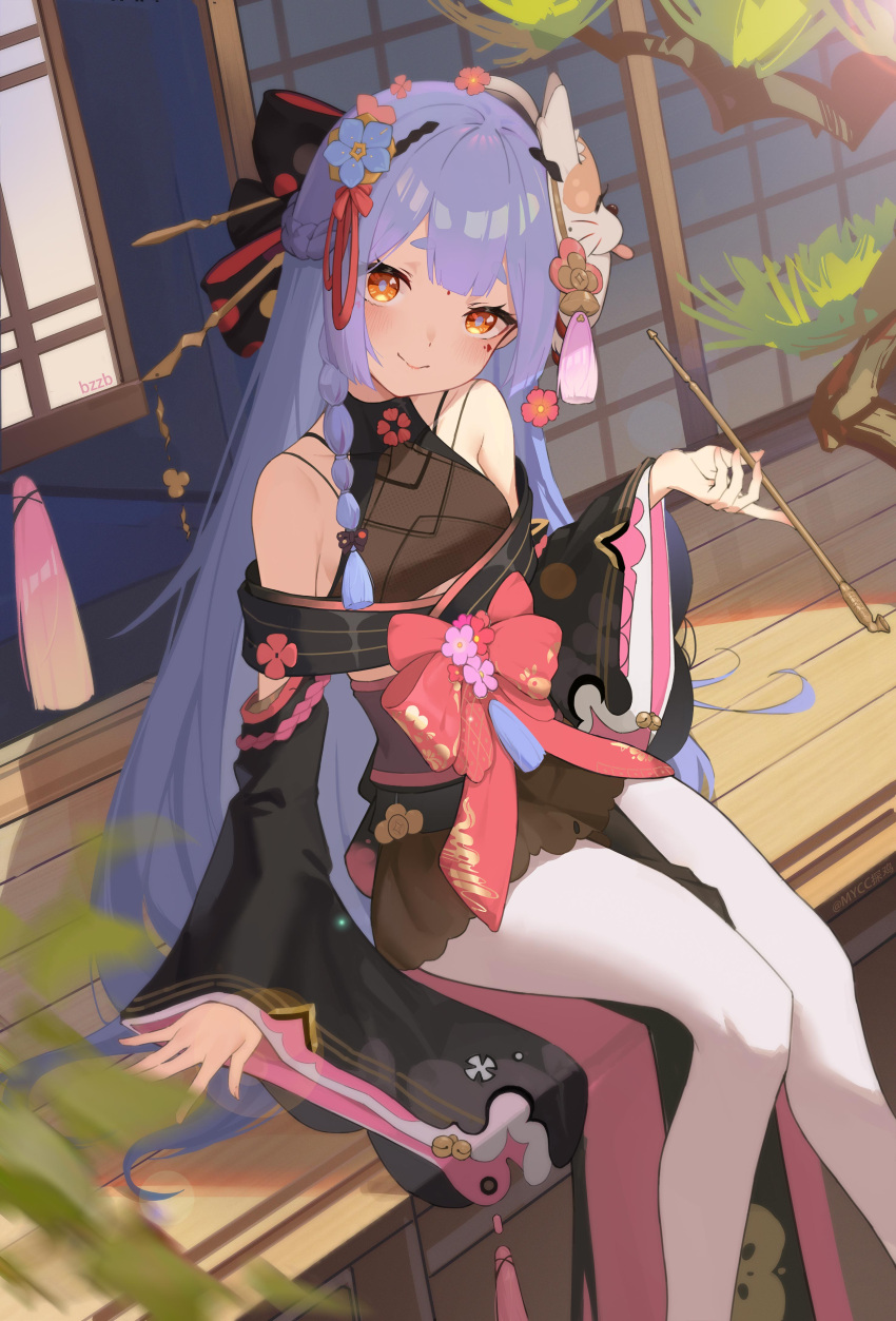1girl absurdres azusa_(vtuber) blue_hair bow braid bsmycc closed_mouth detached_sleeves dress feet_out_of_frame flower hair_flower hair_ornament hair_stick hand_up highres holding holding_pipe long_hair looking_at_viewer mask mask_on_head nijisanji orange_eyes pantyhose pipe side_braid sitting smile solo virtual_youtuber virtuareal