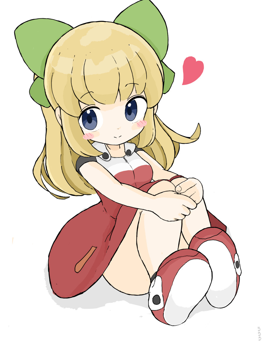 1girl absurdres bangs black_legwear blonde_hair blue_eyes blush_stickers bow breasts closed_mouth commentary_request dress eyebrows_visible_through_hair green_bow hair_bow heart highres knees_up long_hair looking_at_viewer mega_man_(series) red_dress red_footwear roll_(mega_man) rururu_(pyrk8855) shadow shoes short_sleeves sitting small_breasts smile socks solo white_background