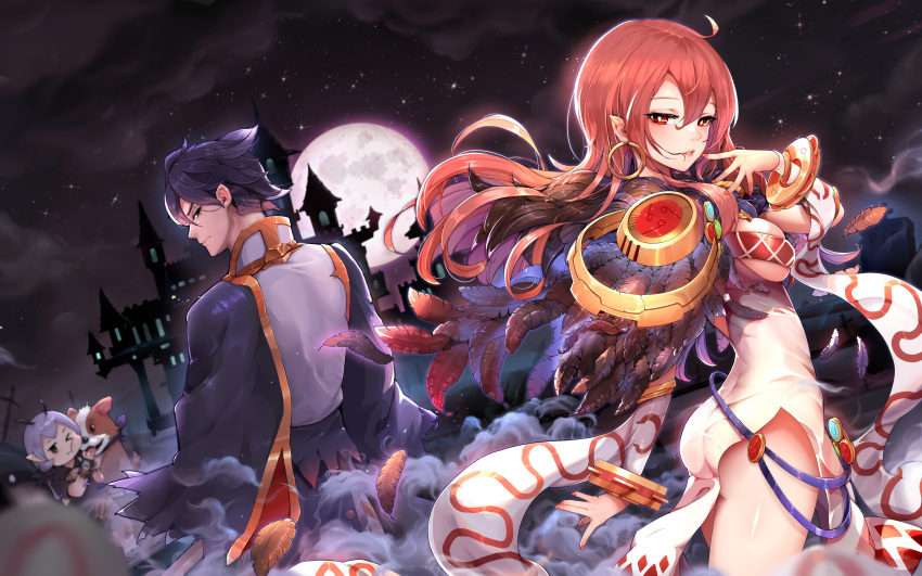 1boy 1girl 1other absurdres black_eyes black_hair breasts castle clouds dog dress earrings feathers finger_to_mouth from_side full_moon highres jewelry kiyomasa_ren looking_at_viewer looking_back medium_breasts moon night night_sky original outdoors pointy_ears red_eyes redhead sky smoke star_(sky) starry_sky