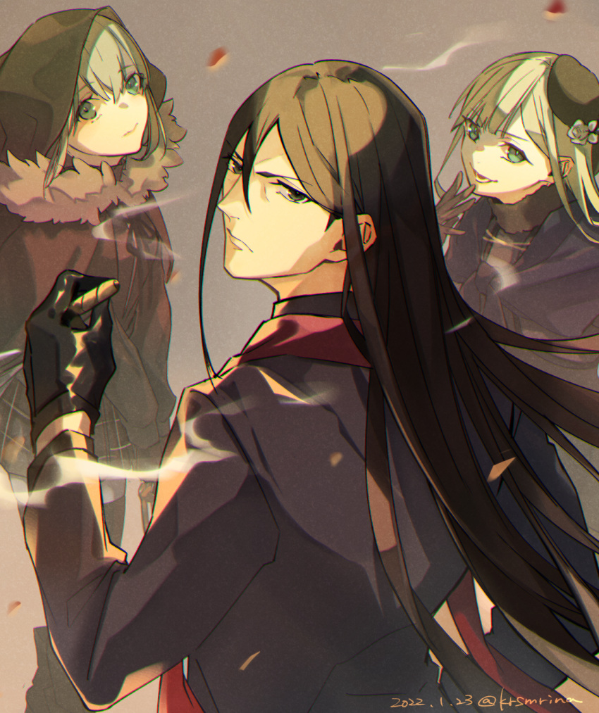 1boy 2girls back bangs black_cloak black_eyes black_gloves black_hair black_headwear black_jacket black_legwear blonde_hair blue_scarf cigar cloak closed_mouth commentary_request dated eyebrows_visible_through_hair fate/grand_order fate_(series) floating_hair from_behind fur-trimmed_cloak fur_collar fur_trim gloves gray_(fate) green_eyes grey_hair hair_between_eyes hat highres holding holding_cigar hood hood_up hooded_cloak jacket long_hair long_sleeves looking_at_viewer lord_el-melloi_ii lord_el-melloi_ii_case_files miniskirt multiple_girls open_mouth plaid plaid_skirt red_scarf reines_el-melloi_archisorte scarf serious serisawa short_hair sidelocks skirt smile smoke thigh-highs tilted_headwear twitter_username very_long_hair waver_velvet