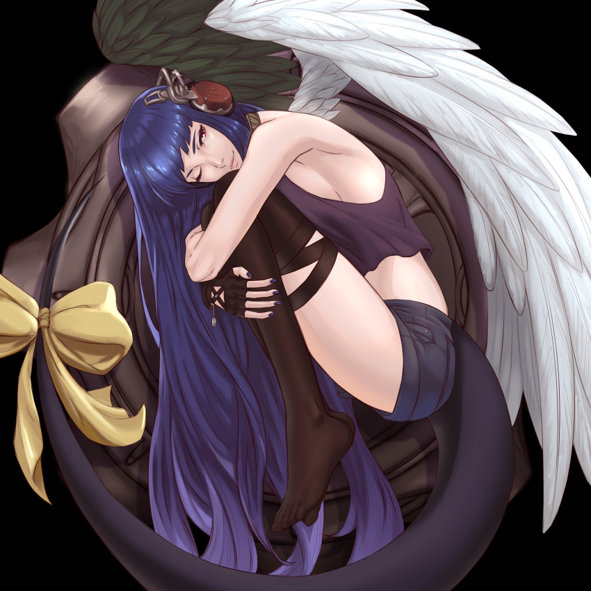 1girl absurdres angel_wings armpits asymmetrical_wings bangs bare_shoulders black_background black_gloves black_legwear blue_hair blue_nails bow breast_press breasts closed_mouth collar denim denim_shorts dizzy_(guilty_gear) english_text fetal_position fingerless_gloves from_side gears gloves guilty_gear hair_down headphones highres large_breasts lips long_hair monster_girl nail_polish one_eye_closed red_eyes ribbon short_shorts shorts sideboob simple_background smile solo starbroakarin tail thigh_strap wings yellow_bow yellow_ribbon