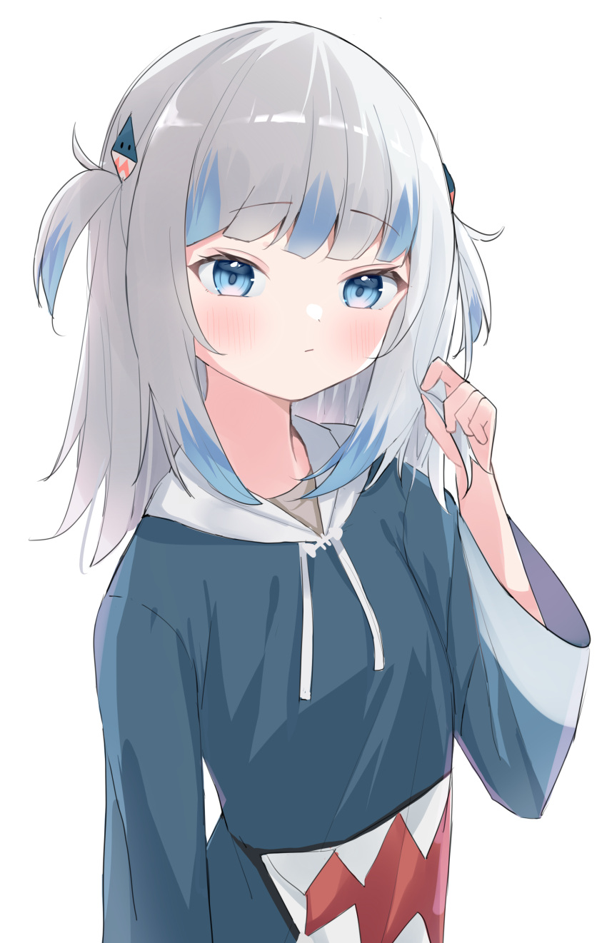 1girl absurdres bangs blue_dress blue_eyes blue_hoodie blunt_bangs drawstring dress gawr_gura highres hololive hololive_english hood hooded_dress hoodie medium_hair multicolored_hair silver_hair simple_background solo streaked_hair tachibana_(x_quick) two_side_up upper_body virtual_youtuber white_background