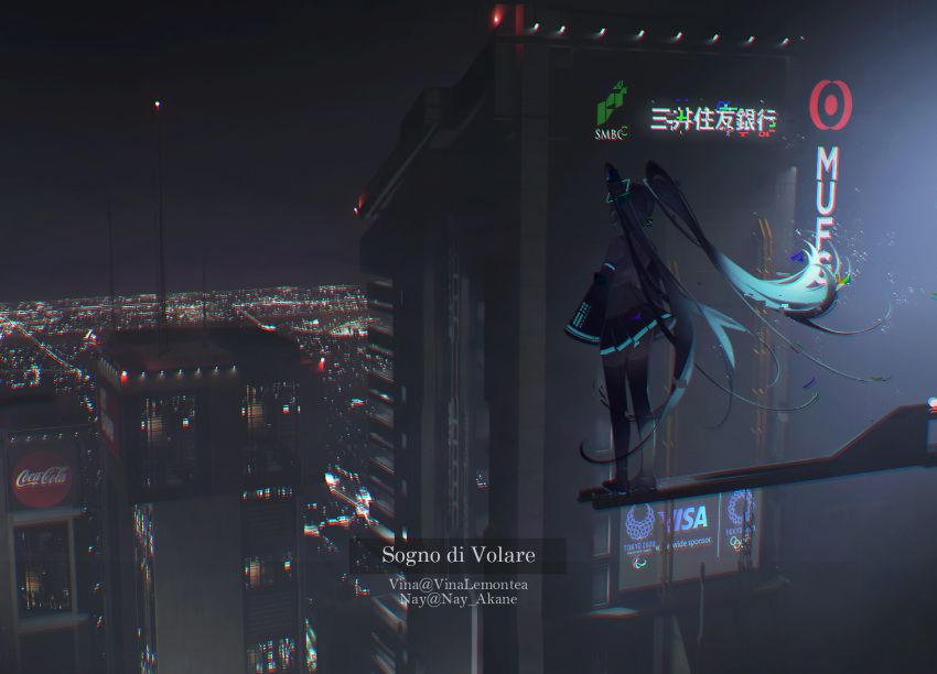 1girl building city city_lights cityscape coca-cola hatsune_miku highres na-gredmin nay_akane night outdoors rooftop scenery solo standing twitter_username visa vocaloid