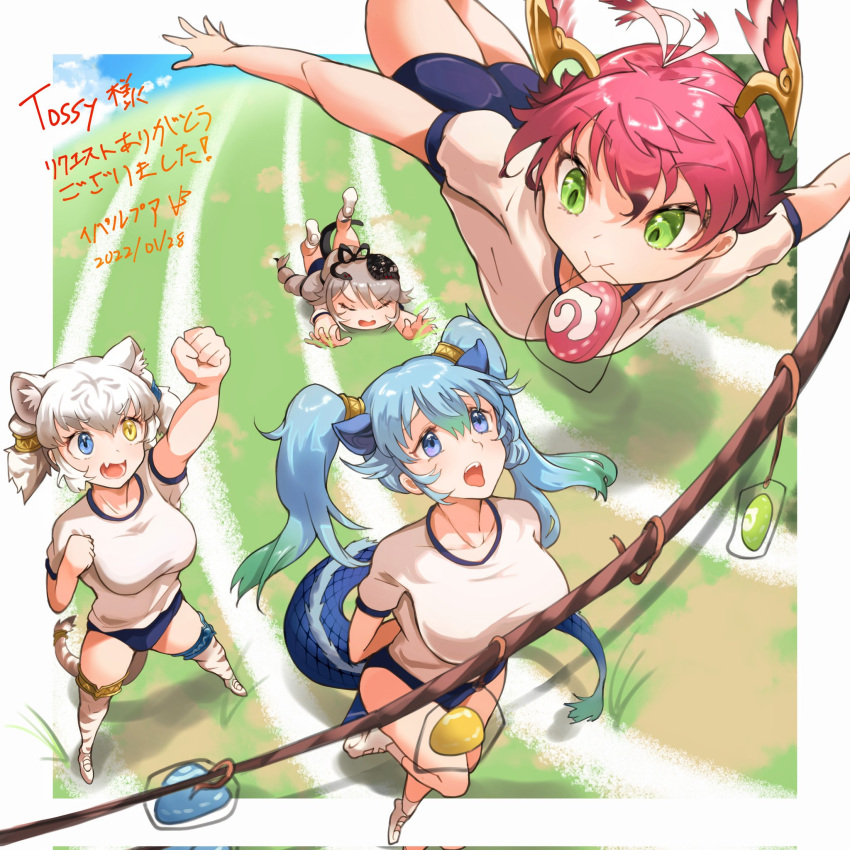 4girls :&gt; animal_ear_fluff animal_ears arm_up blue_buruma blue_eyes blue_hair breasts buruma byakko_(kemono_friends) clenched_hand commentary_request commission dated dragon_tail eyebrows_visible_through_hair fallen_down fang flying food genbu_(kemono_friends) green_eyes grey_hair gym_uniform head_wings heterochromia highres iparuputsua japari_bun kemono_friends large_breasts looking_at_another mouth_hold multiple_girls open_mouth redhead seiryuu_(kemono_friends) shishin_(kemono_friends) short_sleeves skeb_commission suzaku_(kemono_friends) tail tiger_ears tiger_tail translation_request twintails white_hair yellow_eyes