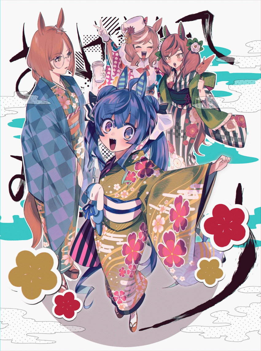 4girls :d @_@ ahoge akeome alternate_hairstyle animal_ears arm_up background_text bangs black_kimono black_ribbon blue_eyes blue_hair brown_hair coffee_cup commentary cup disposable_cup double_bun ear_covers ear_ornament egasumi eyebrows_visible_through_hair floral_print flower fur_scarf furisode green_kimono hair_flower hair_ornament hair_ribbon haori happy_new_year hat heterochromia highres holding holding_cup horse_ears horse_girl horse_tail ikuno_dictus_(umamusume) japanese_clothes kimono long_hair long_sleeves looking_at_viewer looking_back matikane_tannhauser_(umamusume) mayana_(bbpp) medium_hair multiple_girls new_year nice_nature_(umamusume) obi open_mouth ponytail print_kimono red_kimono ribbon sash sharp_teeth smile standing striped striped_kimono swept_bangs tail teeth tiles translated twin_turbo_(umamusume) twintails umamusume v violet_eyes white_headwear white_ribbon wide_sleeves