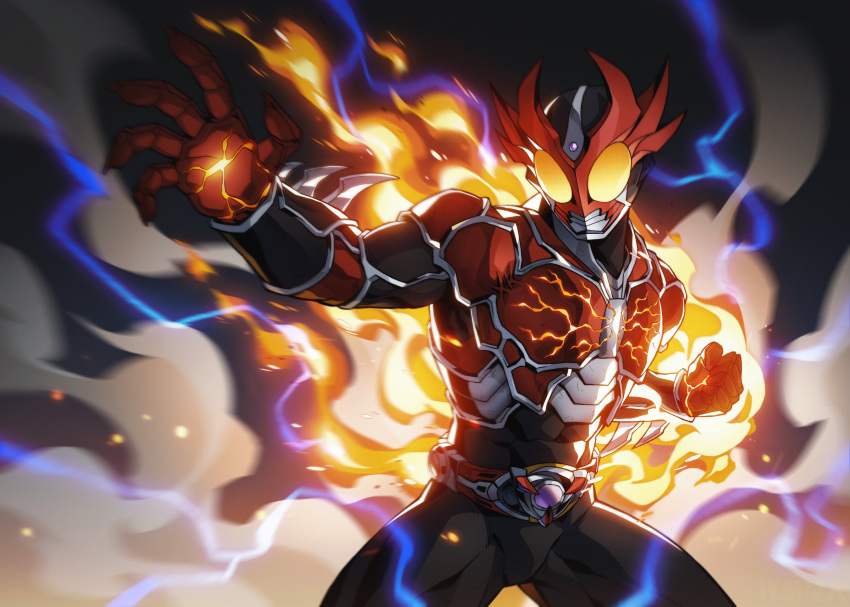 1boy abs absurdres altering_(agito) black_bodysuit bodysuit bursting electricity evolution fighting_stance flaming_hand gauntlets highres horns incoming_attack incoming_punch kamen_rider kamen_rider_agito kamen_rider_agito_(burning_form) kamen_rider_agito_(series) lightning onion_maru punching red_horns rider_belt smoke spiked_gauntlets transformation yellow_eyes