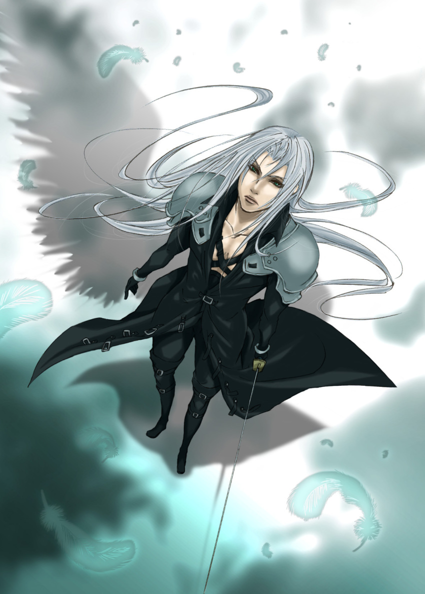 applemac feathers final_fantasy final_fantasy_vii final_fantasy_vii_advent_children from_above gloves green_eyes highres lips long_hair looking_up male sephiroth shadow silver_hair solo sword weapon