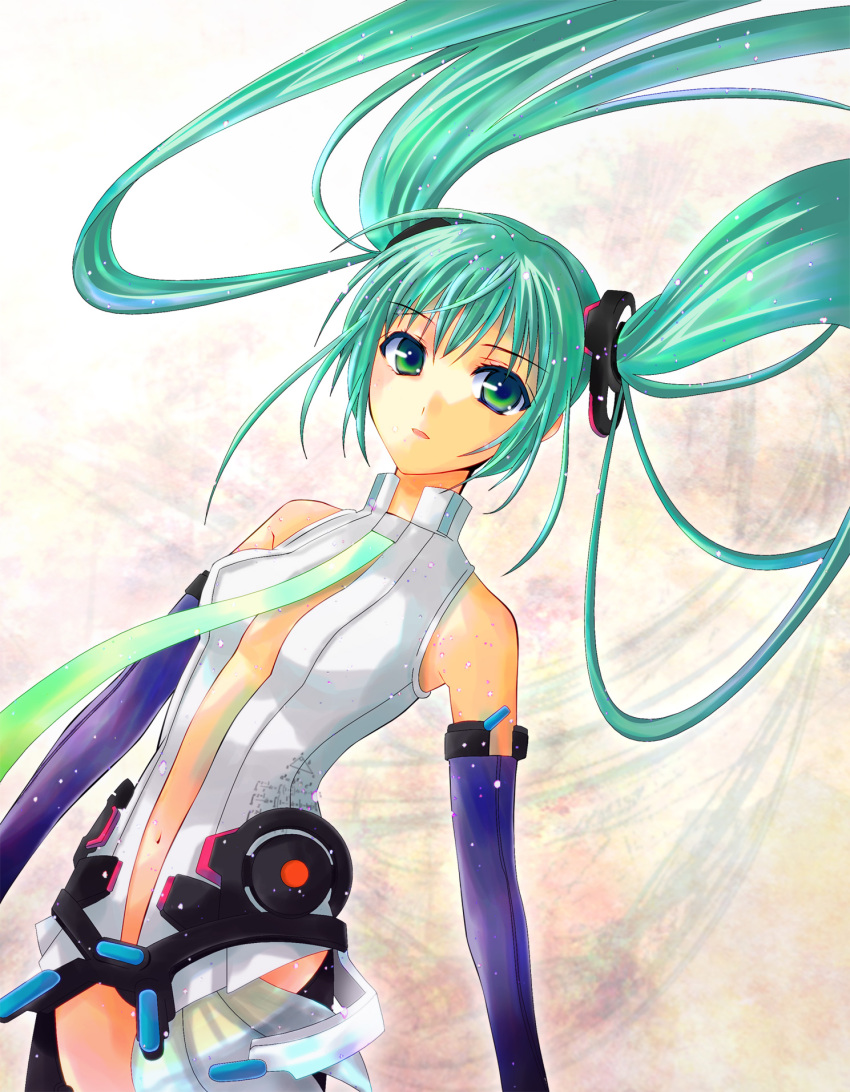 elbow_gloves floating gloves green_eyes green_hair hatsune_miku hatsune_miku_(append) highres long_hair mao1985 miku_append navel necktie solo twintails vocaloid vocaloid_append