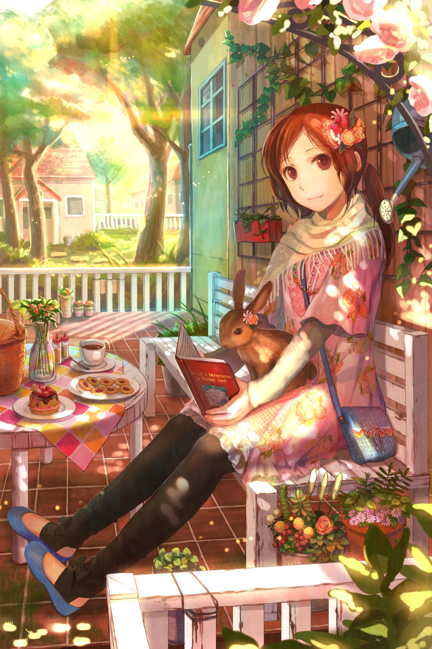 bench book brown_eyes brown_hair bunny cake cup flower flower_pot food fuji_choko hair_flower hair_ornament highres original pastry rabbit sitting solo trellis vase watering_can