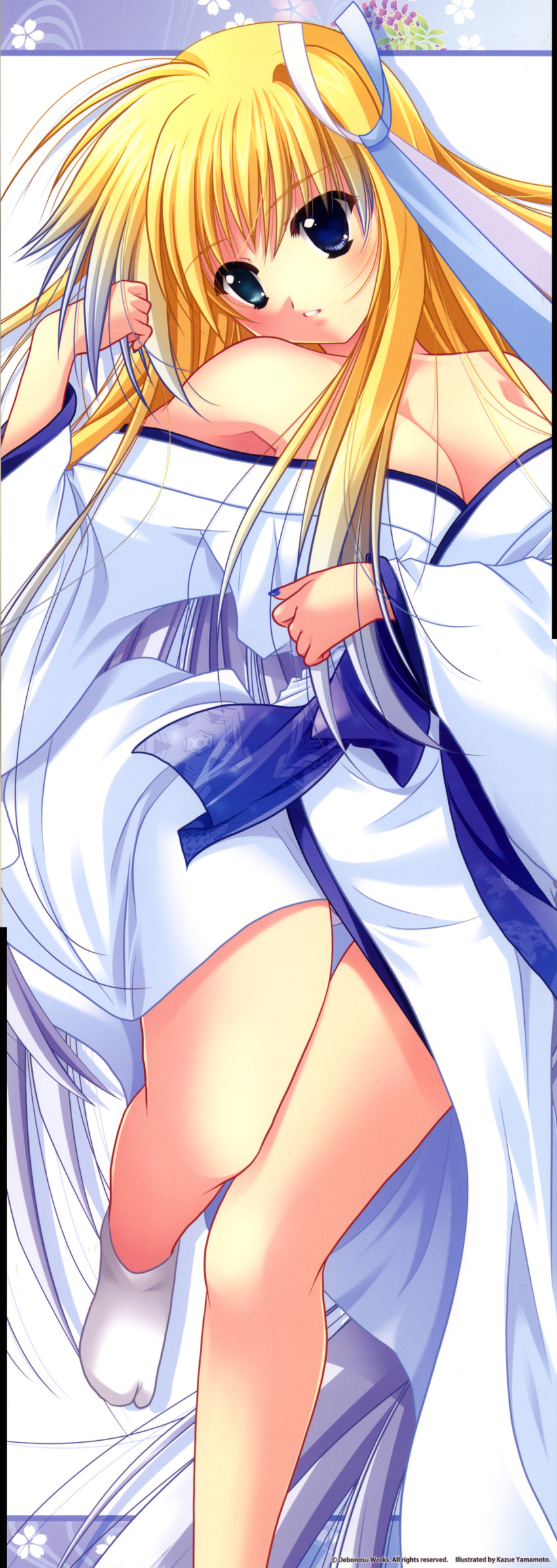 blonde_hair breasts cleavage highres japanese_clothes kagura_douchuuki kimono long_hair long_image raidou_nazuna stick_poster tabi tall_image yamamoto_kazue