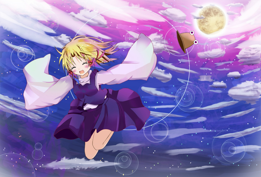 bad_id closed_eyes cloud clouds dress full_moon hair_ribbon hat hibari_(artist) moon moriya_suwako pyonta ribbon star touhou