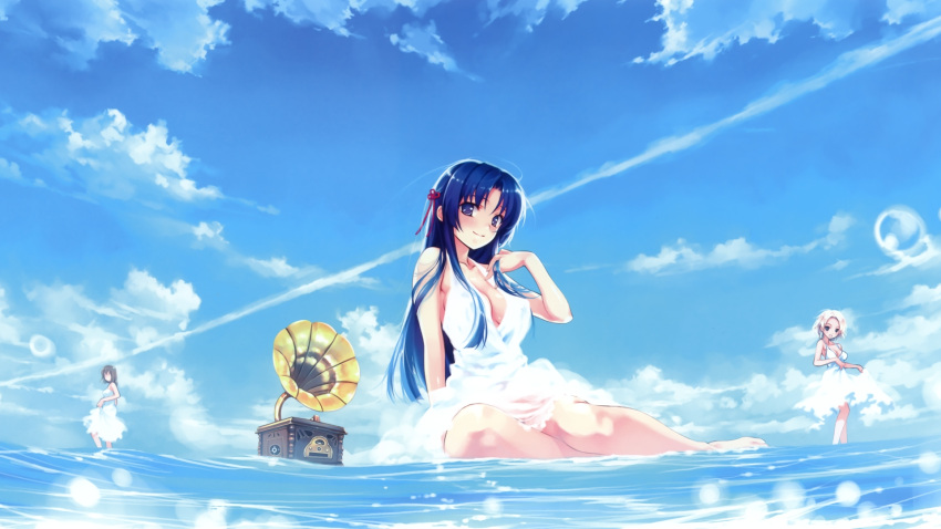 adjusting_hair arm_support bangs bare_shoulders barefoot blue_eyes blue_hair blush breasts cleavage cloud dress dress_lift faceless grey_hair grin hair_ribbon hanami_mariya highres koga_sayoko large_breasts long_hair long_image looking_at_viewer looking_back misaki_kurehito multiple_girls naughty_face no_bra official_art outdoors parted_bangs payot phonograph ribbon see-through short_hair sideboob sitting sky smile suiheisen_made_nan_mile? sundress tsuyazaki_kokage wading wallpaper water white_hair wide_image widescreen