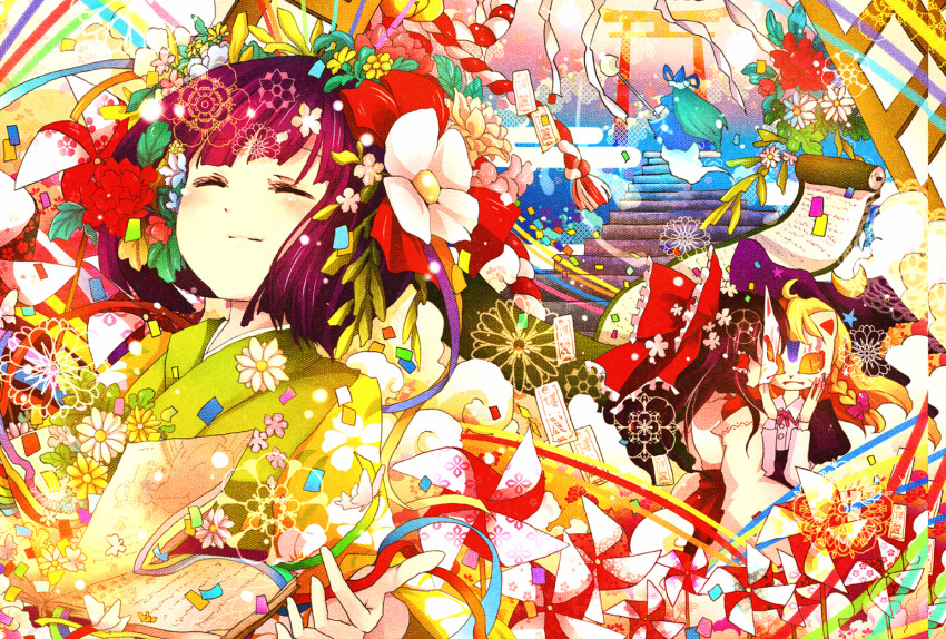 colorful confetti flower hair_flower hair_ornament hakurei_reimu hanada_hyou hieda_no_akyuu kirisame_marisa mask mima ofuda pinwheel scroll smile stairs torii touhou