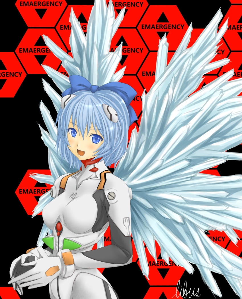 ayanami_rei ayanami_rei_(cosplay) bad_id blue_eyes blue_hair bow cirno cosplay crossover engrish hair_bow highres libus neon_genesis_evangelion plugsuit ranguage short_hair solo touhou wings