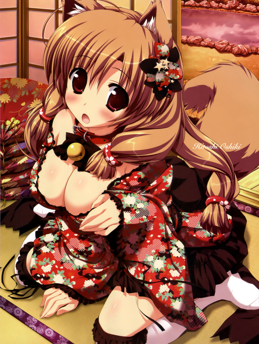 :o animal_ears bell bell_collar blush breasts brown_hair cleavage collar fingernails floral_print fox_ears fox_tail hair_ornament highres jingle_bell large_breasts long_hair open_mouth oshiki_hitoshi red_eyes solo tail thigh-highs thighhighs