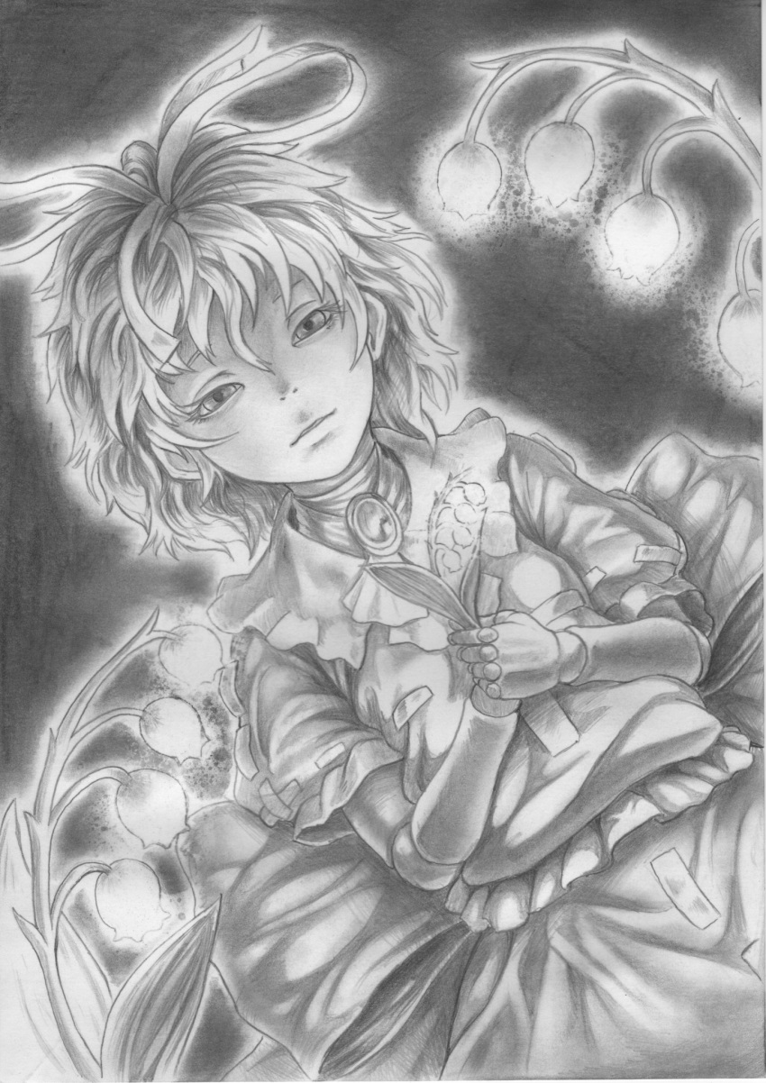 1girl baten_(gei-vorugu) blouse brooch capelet doll_joints dutch_angle flower graphite_(medium) greyscale hair_ribbon high_collar highres jewelry lily_of_the_valley looking_at_viewer medicine_melancholy monochrome parted_lips puffy_short_sleeves puffy_sleeves ribbon short_hair short_sleeves skirt solo touhou traditional_media