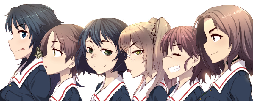 5girls :p :q absurdres bangs black_eyes black_hair black_ribbon blue_eyes blue_hair blue_jacket brown_eyes brown_hair bug butterfly closed_eyes closed_mouth commentary eyebrows_visible_through_hair freckles from_side frown girls_und_panzer glasses grin hair_ribbon highres insect jacket long_hair looking_at_viewer maruyama_saki military military_uniform multiple_girls ooarai_military_uniform oono_aya open_mouth parted_bangs portrait ribbon round_eyewear sakaguchi_karina sawa_azusa shiroobi_(whitebeltmaster) short_hair simple_background smile smirk standing throat_microphone tongue tongue_out twintails uniform utsugi_yuuki v-shaped_eyebrows white_background yamagou_ayumi