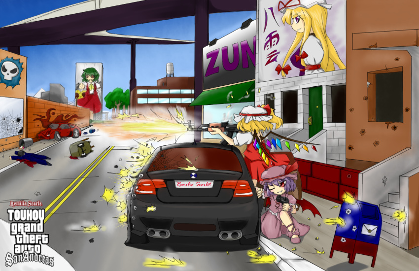 ak-47 ascot assault_rifle bat_wings billboard blood bloodycat bullet_hole car car_crash casing_ejection character_name city corpse crossover dress firefight firing flandre_scarlet garbage_can grand_theft_auto grin gun hat highres kazami_yuuka license_plate logo mailbox motor_vehicle multiple_girls overpass plaid plaid_skirt plaid_vest postbox remilia_scarlet rifle shell_casing skirt smile street touhou tree vehicle water_tower weapon wheelbarrow wings wink yakumo_yukari