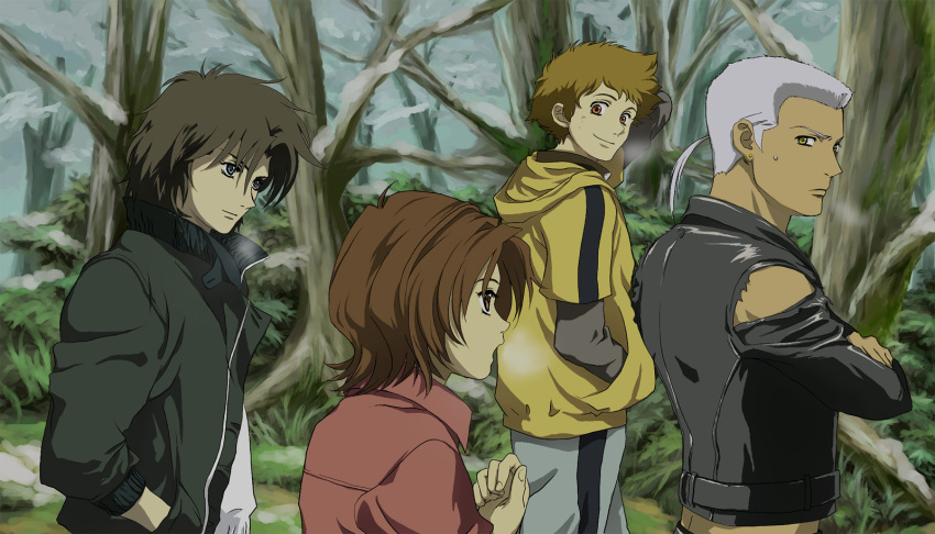blue_clover blue_eyes breath brown_eyes brown_hair forest grey_hair hands_in_pockets hige jacket kiba nature short_hair smile toboe torn_clothes tsume walking wolf's_rain yellow_eyes
